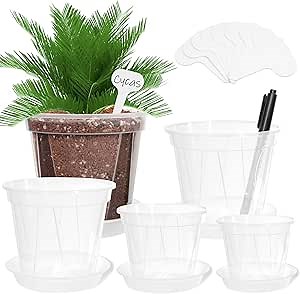 SUNPRO Clear Nursery Pots for Plants - 10 Pack Transparent Plastic Planter in 3.9/4.7/5.5/5.9/6.3 Inch Reinforced Plant Pots with Drainage Holes Durable Seedling Pots with 10Pcs Labels