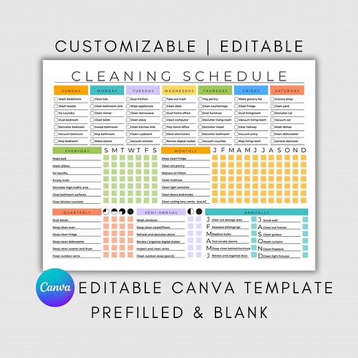 Editable Cleaning Planner, Cleaning Checklist, Schedule, ADHD Cleaning Planner, Household Chores Chart, Digital Download PDF, Colorful CANVA - Etsy