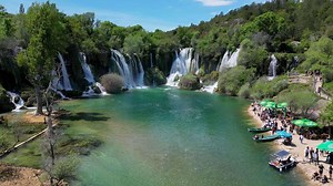 Aerial view of Kravica Waterfall in Bosnia and Herzegovina. Unique natural beauty in the Trebizat River for holidays and leisure time.