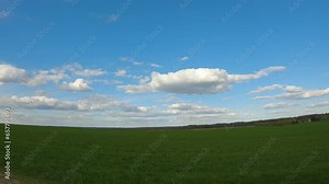 The drone flies parallel to the ground, along a green field. Blue sky with big heavy clouds. Endless fields planted with potatoes