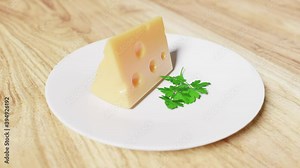 Cheese in a plate on the table. 3D loop animation of rotation around the Maasdam cheese with holes and parsley in 4k video.