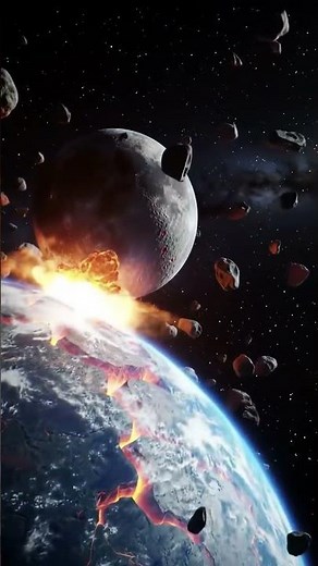 outer space showing the Moon crashing into Earth