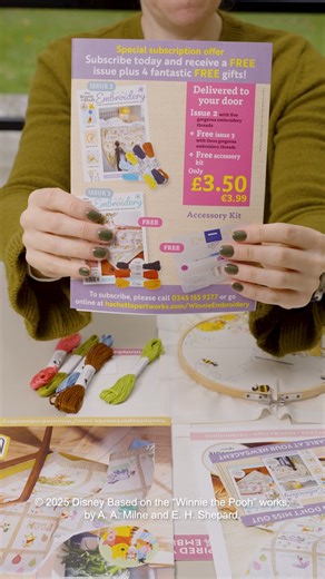 Winnie the Pooh Embroidery is out now in your local supermarket! Here's what you can expect: - Learn to embroider with Winnie the Pooh - Begin your first square of Pooh and his hunny pots - Practice your embroider further with the Winnie the Pooh stripe hoop and stylish dandelion pocket projects - Learn the straight stitch and running stitch - Know how to transfer patterns Start stitching today! | Hachette Partworks Ltd