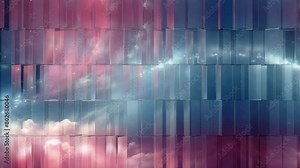 A wall of glass blocks reflects an ethereal, cosmic background, merging architecture with nebula-like clouds and a starry sky.