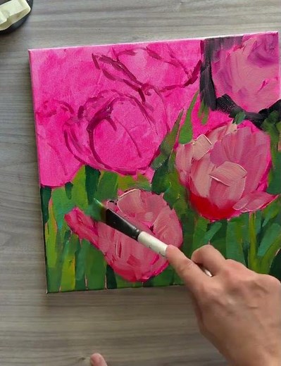 Started with Fluorescent red - painting tulips #acrylicpainting