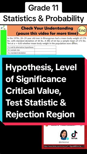 Hypotheses, Level of Significance, Critical Value, Test Statistic & Rejection Region #ztable #ttable #rejectionregion #acceptanceregion #hypothesis #levelofsignificance #criticalvalue #significancelevel #criticalvalue #grade11 #grade11maths #ttable #statisticsandprobability #LearnItOnTikTok #LearnOnTikTok #learnwithmaamc³ #fyp #foryou #foryoupage #TikTokShop #newaffiliate #affiliatemarketing