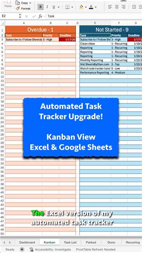 Olan Chancy on Instagram: "Kanban View upgrade for your Automated Task Tracker in Excel or Google Sheets! #kanban #excel #tasktracker #googlesheets #template"