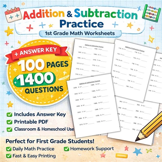 1st Grade Math Worksheets: Addition & Subtraction Practice (PDF Download, 100 Pages, Answer Key Included) - Etsy