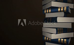 Animation rotation of stack of old books in library or home with flying letters. Books with leather covers and golden stripes. Animation of seamless loop.
