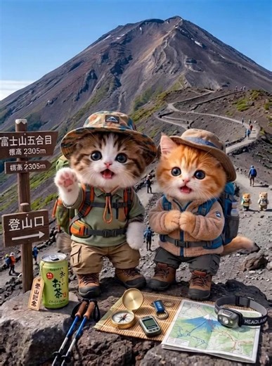 富士山でおにぎりに夢中な猫 — 可愛い瞬間を撮影