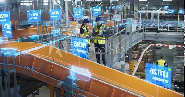 Two Warehouse Engineers in Monitor a Smart Parcel Conveyor, Using a Digital Tablet and Holographic Data Visualisations to Track Shipment, Optimise Distribution, Manage Logistics in Automated Hub.