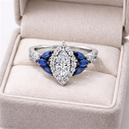 Marquise Diamond Sapphire Engagement Ring, Halo Twisted Band, Multi Metal - Etsy