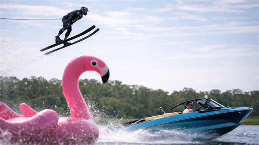 High speed waterski jump shows long distance flight