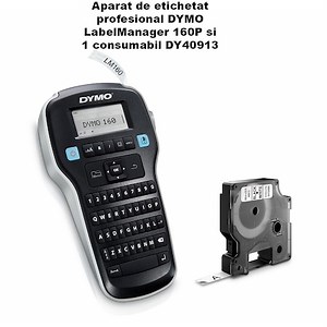 Aparat de etichetat profesional DYMO LabelManager 160P si o caseta etichete profesionale, 9mmx7m, negru/alb, DY946320 S0946320 S0946360 - eMAG.ro