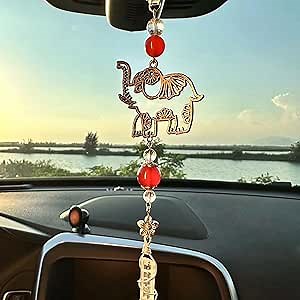 Hanging Car Charm, Handmade Car Mirror Hanging Accessories Rear View Mirror Decorations Crystals Stones Ornament Car Decor for Women Healing Crystal Accessories (Red Carnelian Elephant)