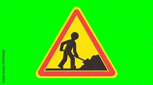 Appearance of a yellow red and black triangular sign of temporary danger of work in progress coming from above on a green background, transparent background with alpha channel Stock Video
