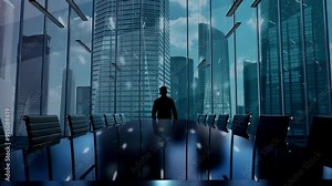 Total Experience. Businessman Working in Office among Skyscrapers. Hologram Concept