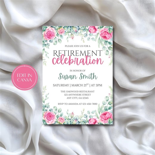 Floral Retirement Party Invitation | Elegant Celebration, Editable Canva Template - Etsy