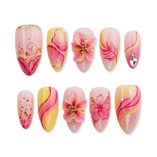 Tropical Hibiscus Press on Nails, Pink Yellow 3D Flower Design, Medium Almond Nails, Summer Beach Gift Set - Etsy
