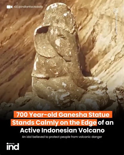 Informly India ™ on Instagram: "A 700-year-old statue of Lord Ganesha stands peacefully on the rim of Mount Bromo, an active volcano in East Java, Indonesia. With lava on one side and calm silence on the other, the statue represents a rare balance between nature’s power and spiritual faith. The idol is believed to have been placed by the ancestors of the Tengger tribe centuries ago. Locals believe Lord Ganesha protects them from volcanic eruptions. Even during volcanic activity, people continue 