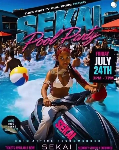 Hottest pool party in the city! July 24 3PM–7PM SEKAI Houston 1505 St. Emanuel St. Houston, ALL AGES