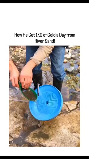 @tingtong8086 | The video depicts a manual gold panning process using a blue spiral concentrator to separate heavy minerals from river sand, followed by... | Instagram