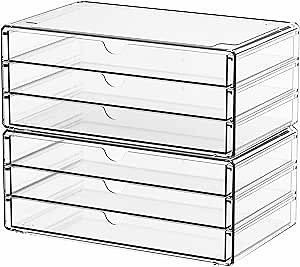Yieach 2 Pack Acrylic Storage Drawers With 6 Drawers,Stackable Desk Organizer and Makeup Organizer,Large Clear Office Supplies Organizer for Pen,Stationary,Palettes,Arts Craft Organizers and Storage