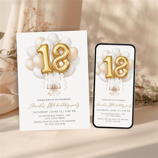 18th Birthday Invitation, Gold Balloon 18 Invite, Elegant Eighteenth Birthday Invite, Printable and Mobile Invitation, Digital Download - Etsy