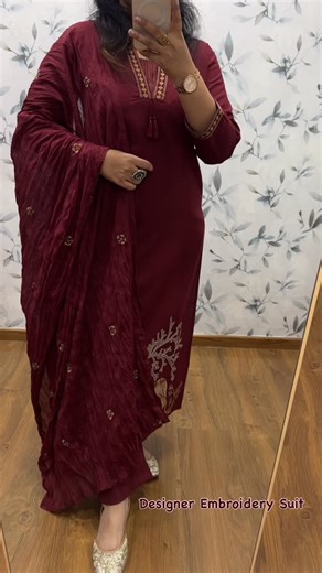 Priti Couture on Instagram: "*Designer Suit In Premium Cotton Flex* (Maroon) Stylish Ethnic Kurti Pant Set in Rich Cotton Flex with Heavy Embroidery work in yoke sleeves and bottom of kurti ...dupatta detailing with embroidery butti Note : Straight Cut with both side pockets in pant Size: *36 38 40 42 44 46* Price: *1450 Freeship* *Ready To Dispatch*🎉🎉"