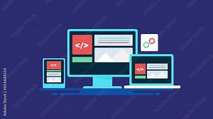 Manage website layout design with cms software, responsive technology, adjustable webpage for digital device screen size, video animation 2d clip.