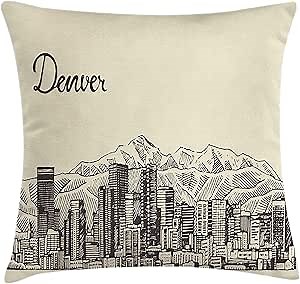 Ambesonne Colorado Throw Pillow Cushion Cover, Denver City Skyline Sketch with Buildings and Mountains Vintage Town Pattern, Decorative Square Accent Pillow Case, 36" X 36", Brown Beige
