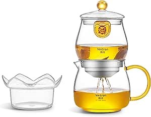 560ml (18.94 oz) Borosilicate Glass Teapot Set, 2-in-1 Gongfu Tea Brewer with Upper Brewing Pot and Lower Serving Kettle, Clear Teapot with Base for Blooming and Loose Leaf Tea