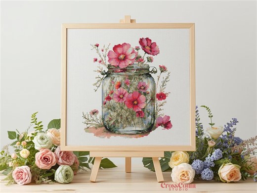 Poppy Bouquet Cross Stitch Pattern Coral Pink Flowers in Glass Jar PDF Chart Country Garden Floral Embroidery Design - Etsy