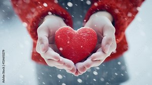 Valentine's Day, heart from hands, human making heart symbol with snowy hands, saint valentines day, girl hands in red mittens, boy, woman in red gloves in snow. valentine love woman and man winter