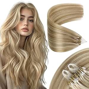 Sunny Hair Micro Link Hair Extensions Human Hair Long Micro Loop Human Hair Dark Ash Blonde Highlights Light Blonde Micro Ring Sun-Kissed Glow 24inch 57g