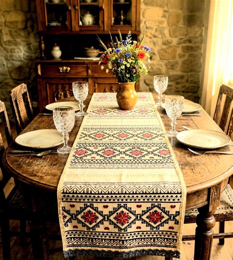 Ivory Table Runner: Ukrainian Folk Ornament, Rustic Farmhouse Lace Hem - Etsy