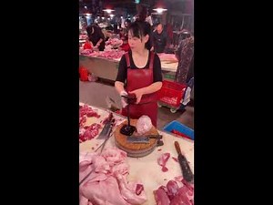POV Female Butcher Cutting Pork — Real-Time Chinese Meat Market Skills