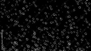 Many water air bubbles rising up in slow motion. The release of carbon dioxide. Closeup mineral bubbles, champagne, soda, beer or carbonated drink. Animation floating air bubbles. Alpha channel. 4K.