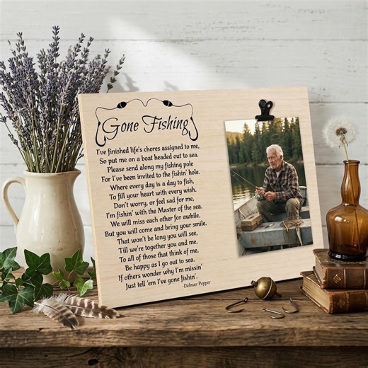 Gone Fishing Memorial Photo Frame – Rustic Wood Fisherman Sympathy Gift - Etsy