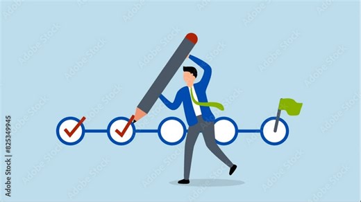 Project tracking, 4k animation of businessman project manager with a big pen to check completed tasks on a project management timeline. Stock Video