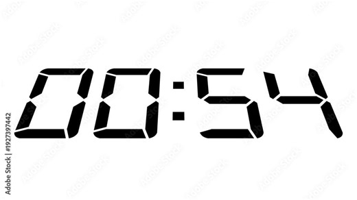 Digital clock display showing the time 01:00 .Countdown timer animation of 5 minutes on transparent background with alpha channels, 5 minutes countdown timer animation, countdown video.