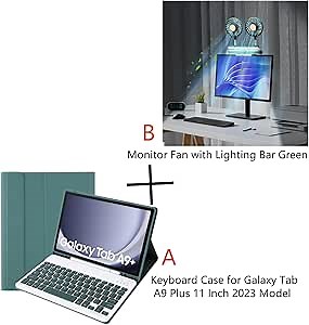 Keyboard Case Compatible with The Samsung Galaxy Tab A9 Plus Computer Monitor Fan & Lighting Bar Green