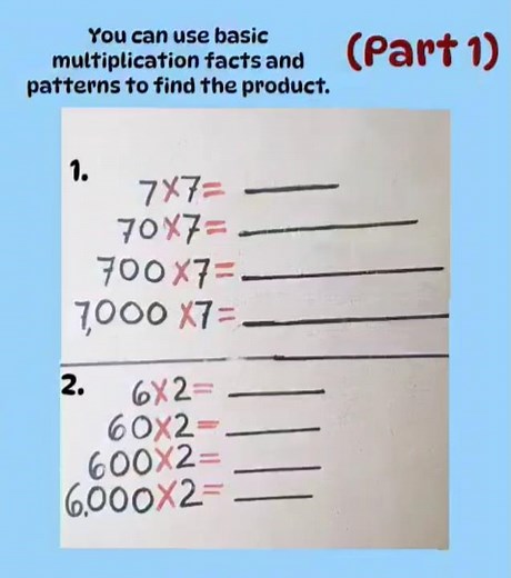 Basic multiplication facts and patterns to find the product.