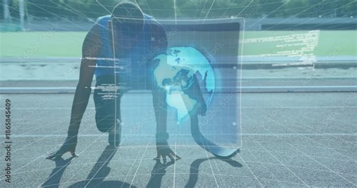 Animation of data processing on digital screen over african america male runner with running blade