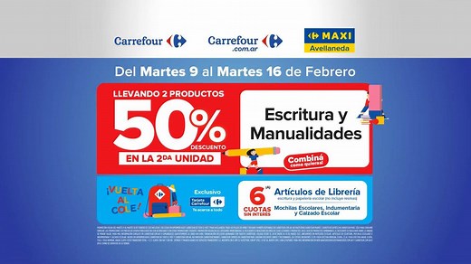 ¡8 días de ofertas imperdibles en Carrefour 👏! Del 9 al 16 de febrero, encontrá en Hiper, carrefour.com.ar y MAXI Avellaneda: ✂️✏️ 50% de descuento en la segunda unidad de escritura y manualidades. 📒📕 30% de descuento en mochilas y papelería escolar 👚🧦 80% de descuento en la segunda unidad de indumentaria infantil Descubrí todas las promos acá 👉 http://bit.ly/2LUKZ45 | Carrefour