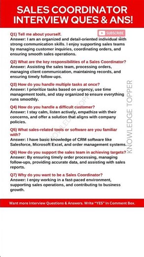 Sales Coordinator Interview Questions and Answers | Sales Coordinator Job Description