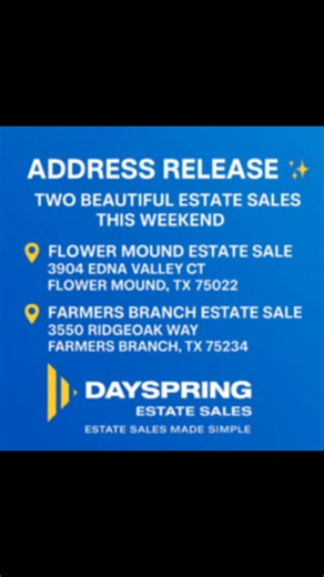 ✨ Address Release ✨ Two Beautiful Estate Sales This Weekend 📍 Flower Mound Estate Sale 3904 Edna Valley Ct Flower Mound TX 75022 📍 Farmers Branch Estate Sale 3550 Ridgeoak Way Farmers Branch TX 75234 Both homes are packed with amazing finds, great deals, and beautifully staged displays for a smooth shopping experience. Come early and be ready to discover unique pieces for every room. 🕘 The sale starts at 9 AM ✅ Cash Credit Debit Tap to Pay Follow us on Facebook Instagram and TikTok for update