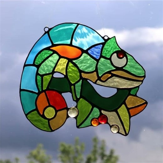 Colorful Cartoon Chameleon, Stained Glass Suncatcher by Mr.Hi!