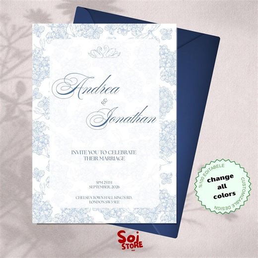 Blue Floral Wedding Invitation Template, Elegant Swan Botanical Invite (editable) - Etsy