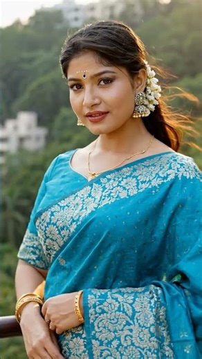 A beautiful woman in a traditional saree walking gracefully in a green garden. This cinematic